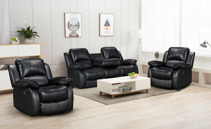 Faux Leather Black 3 + 1 + 1 Seater Manual Recliner Sofa Set SETTEE