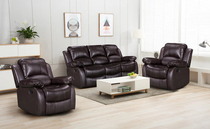 Faux Leather Brown 3 + 1 + 1 Seater Manual Recliner Sofa Set SETTEE