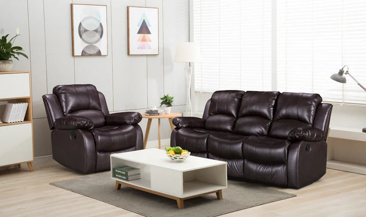 Faux Leather Brown 3 + 1 Seater Manual Recliner Sofa Set SETTEE