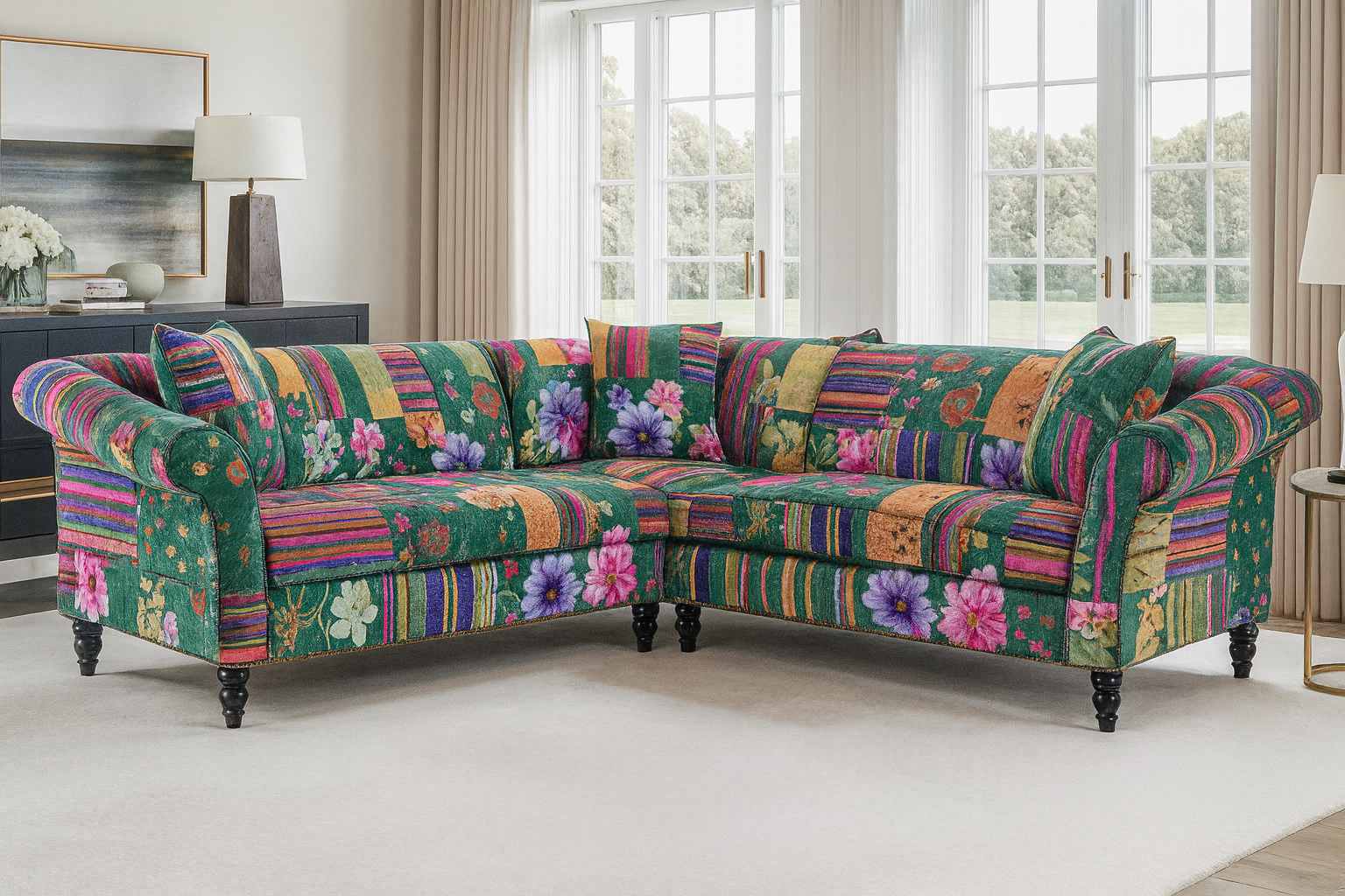 Fabric Green Patchwork 2c2 Seater Corner Sofa AVICI GRIDA