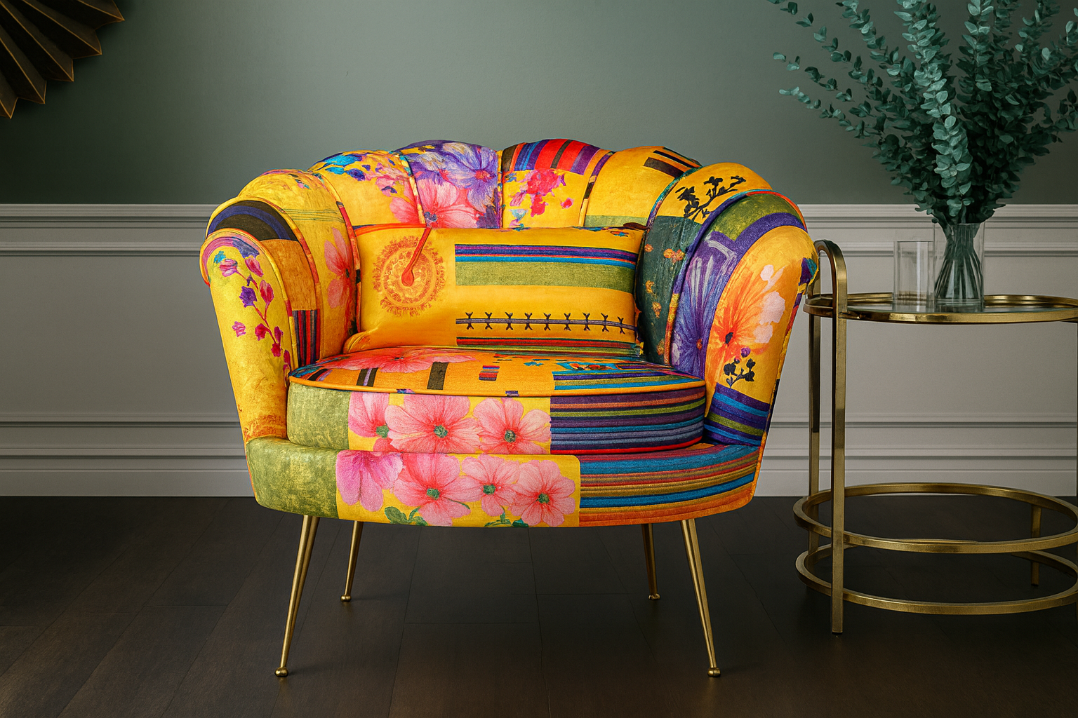 Fabric Gold Patchwork 1 Seater Accent Sofa MARGHERITA