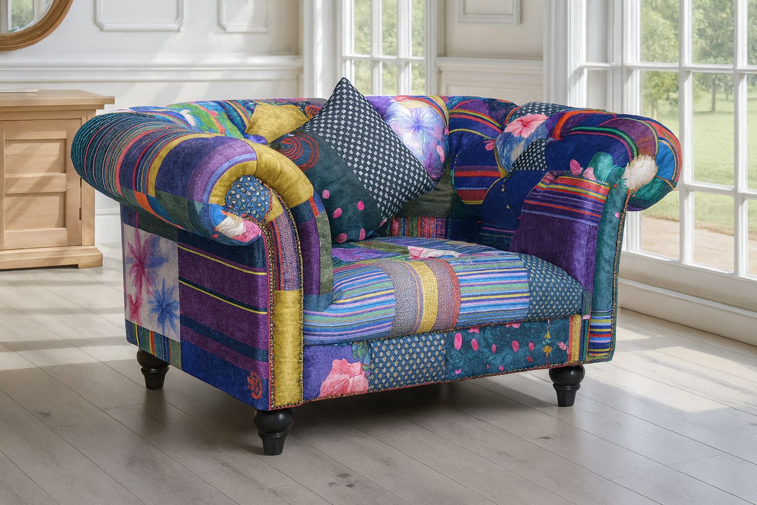 Multicoloured Fabric Patchwork 1 Seater Scroll Arm Chesterfield Sofa AMALFI
