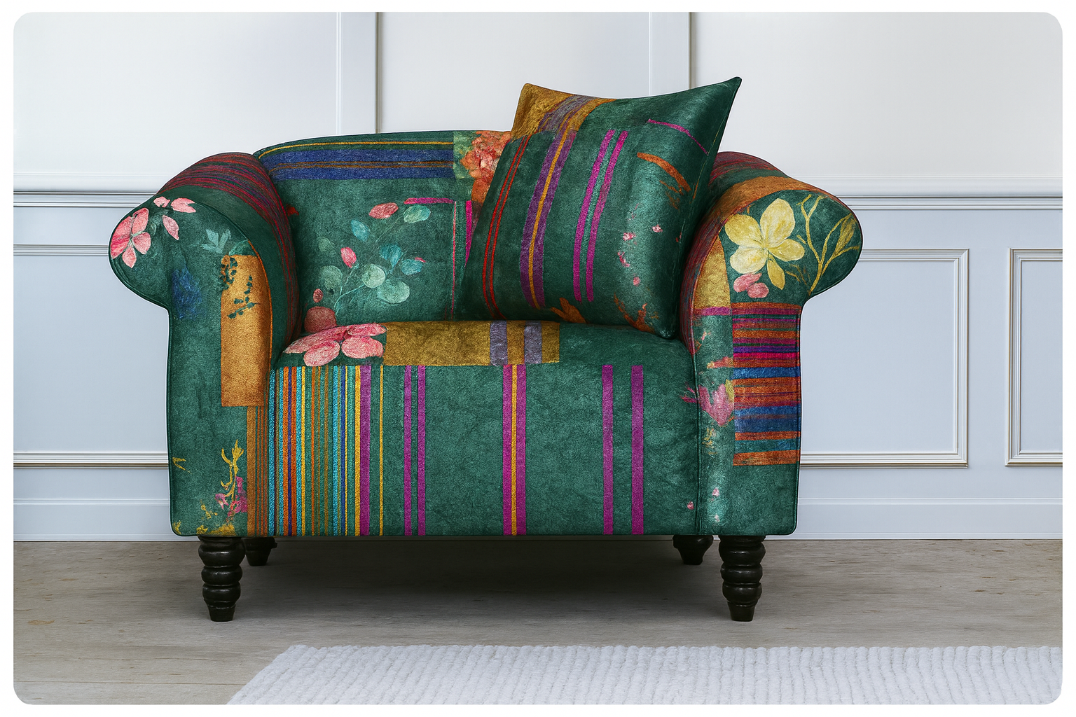 Fabric Green Patchwork 1 Seater Sofa AVICI GRIDA