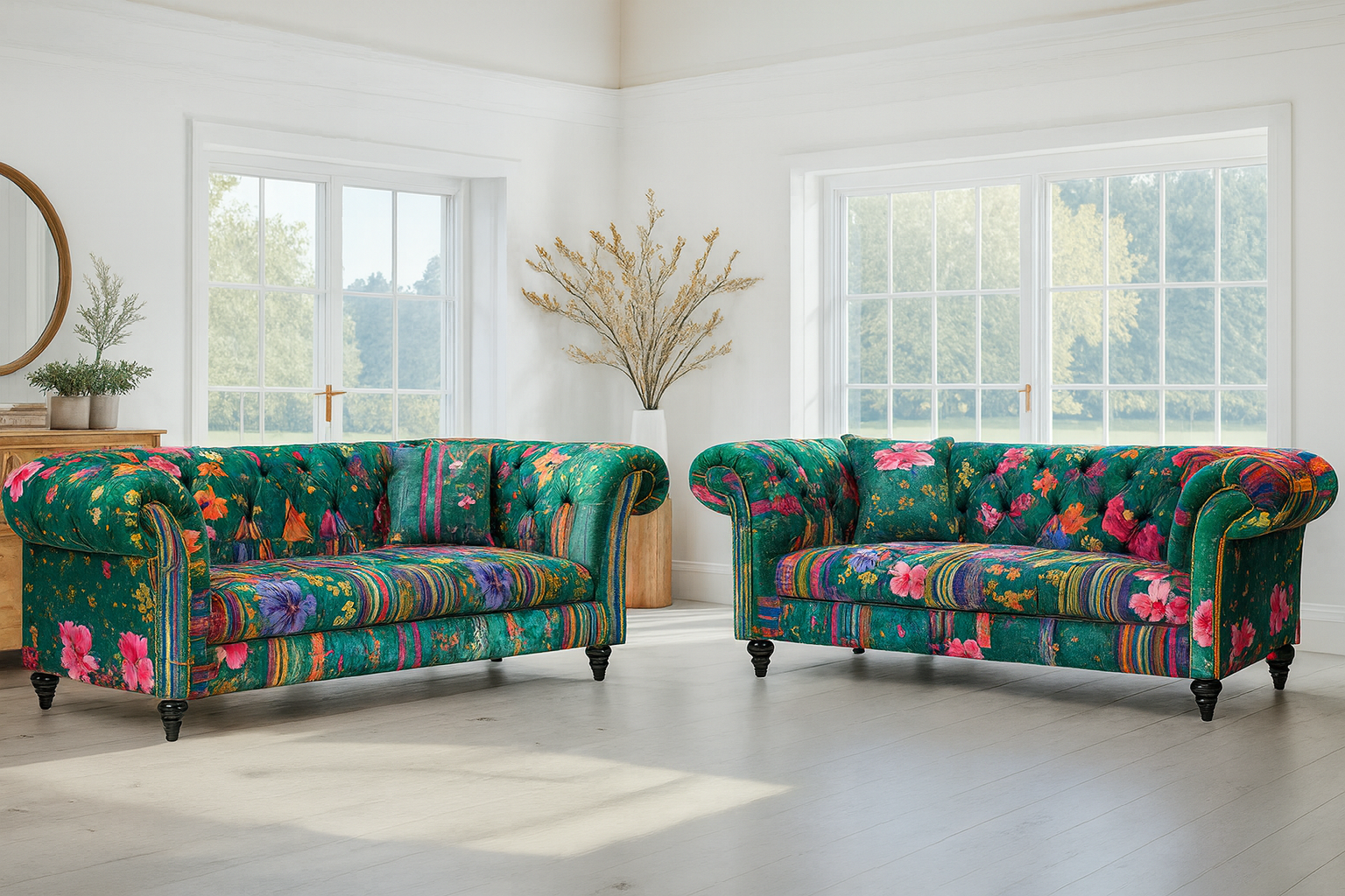 Fabric Green Patchwork 2 + 2 Seater Scroll Arm Chesterfield Sofa Set AMALFI