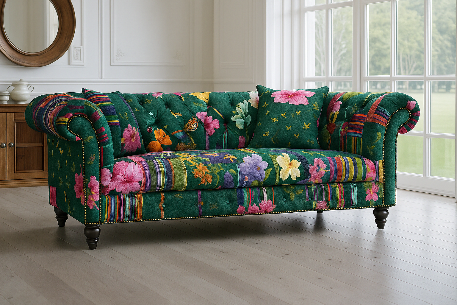 Fabric Green Patchwork 2 Seater Scroll Arm Chesterfield Sofa AMALFI