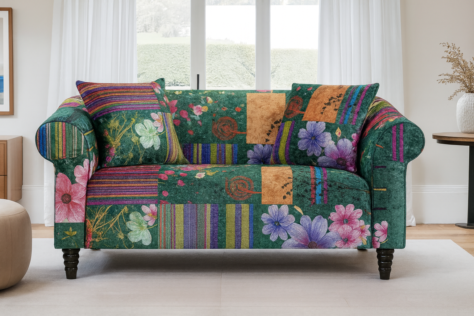 Fabric Green Patchwork 2 Seater Sofa AVICI GRIDA